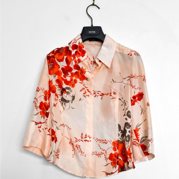 Hugo Boss Tops - Hugo Boss Women's Silk Blouse - Red and Cream Floral